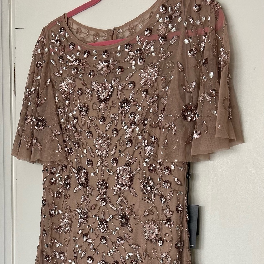 Adrianna Papell Brown and Cream Sheath Dress with Flutter Sleeves